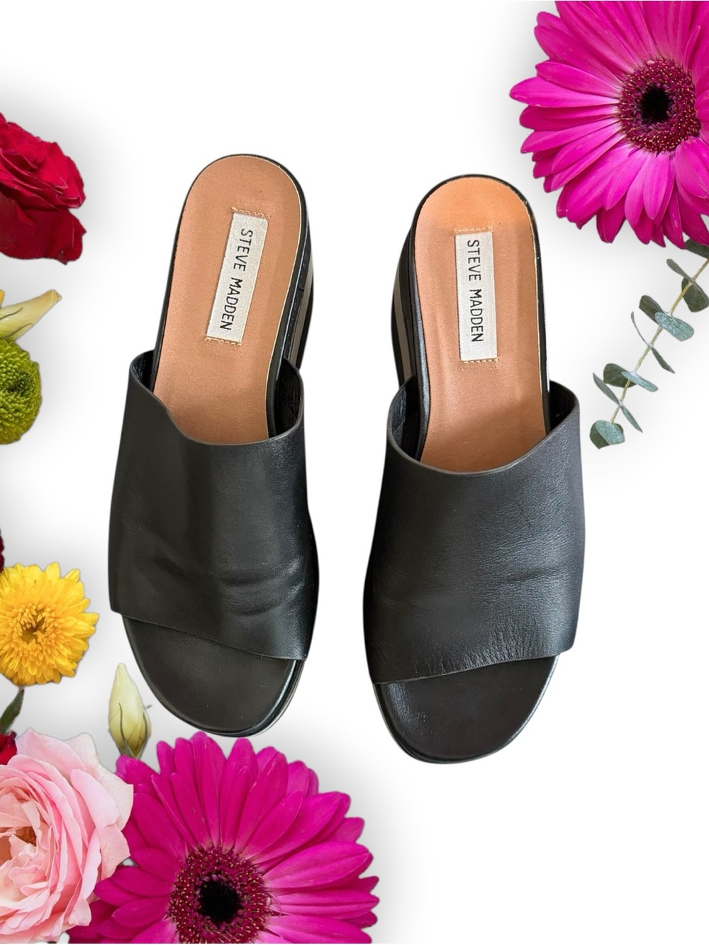 Steve Madden King-KingBlack Leather Open-Toe Slide Mules Soft  Insole